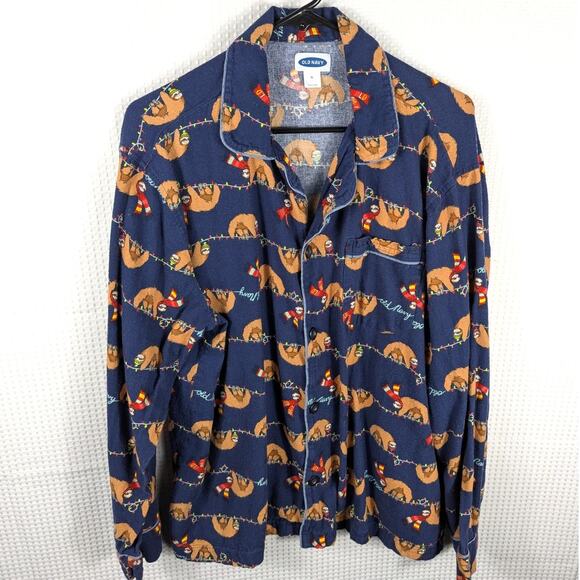 Old Navy XL Sloth Christmas Pajama Top Flannel Button Shirt Men’s Holiday Cotton - Picture 1 of 6